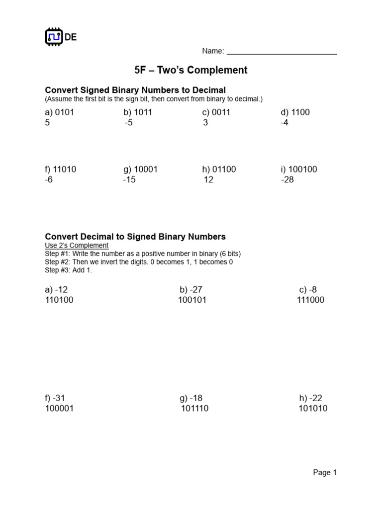 5F - Two's Complement WS KEY.docx | PDF | Subtraction | Elementary ...