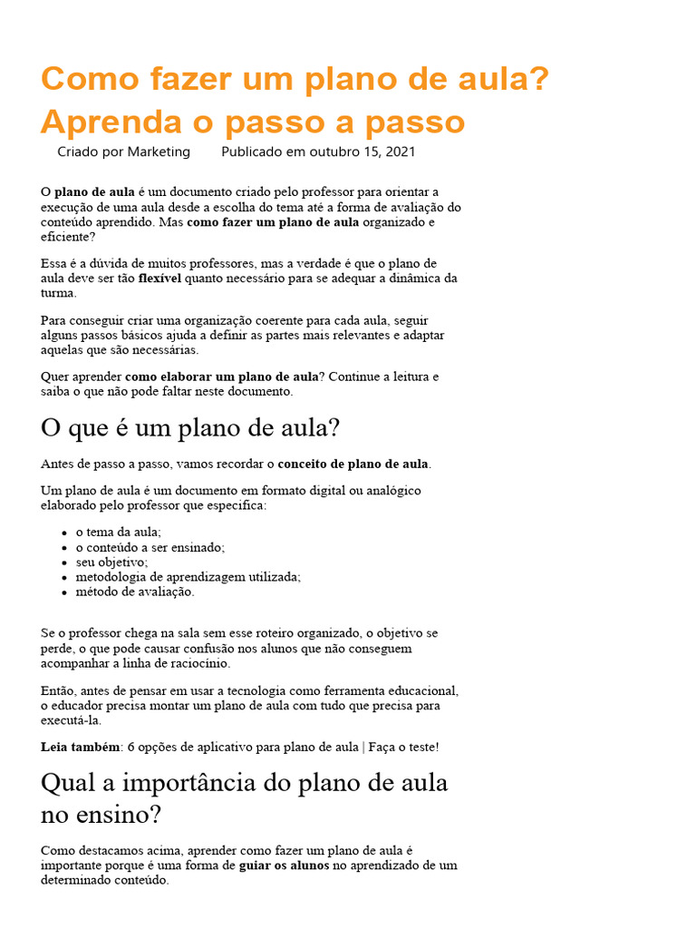 Como Fazer Um Plano de Aula Passo a Passo [5 Etapas] | PDF | Lição ...