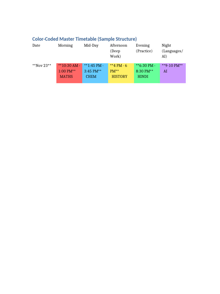Color Coded Timetable | PDF