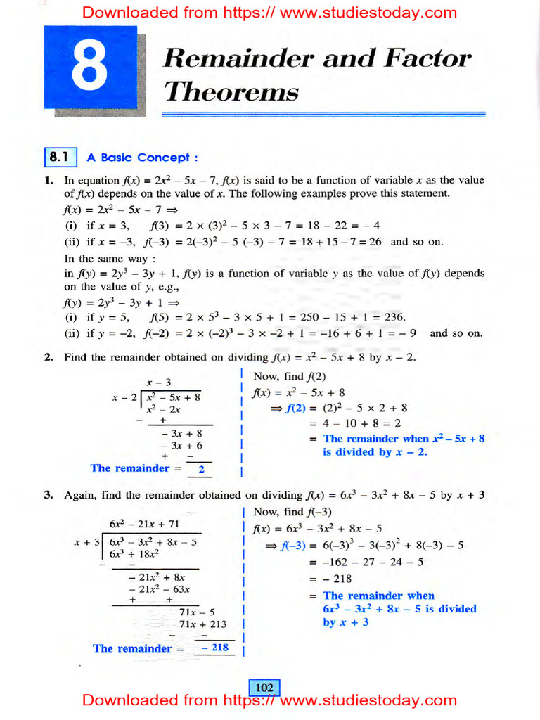 ICSE Class 10 Bansal Maths Chapter 08 Remainder and Factor Theorems | PDF