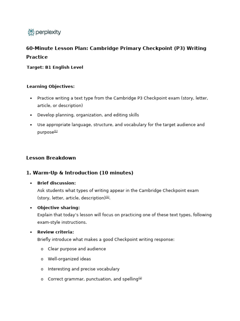 60-Minute Lesson Plan_ Cambridge Primary Checkpoin | PDF | Vocabulary ...