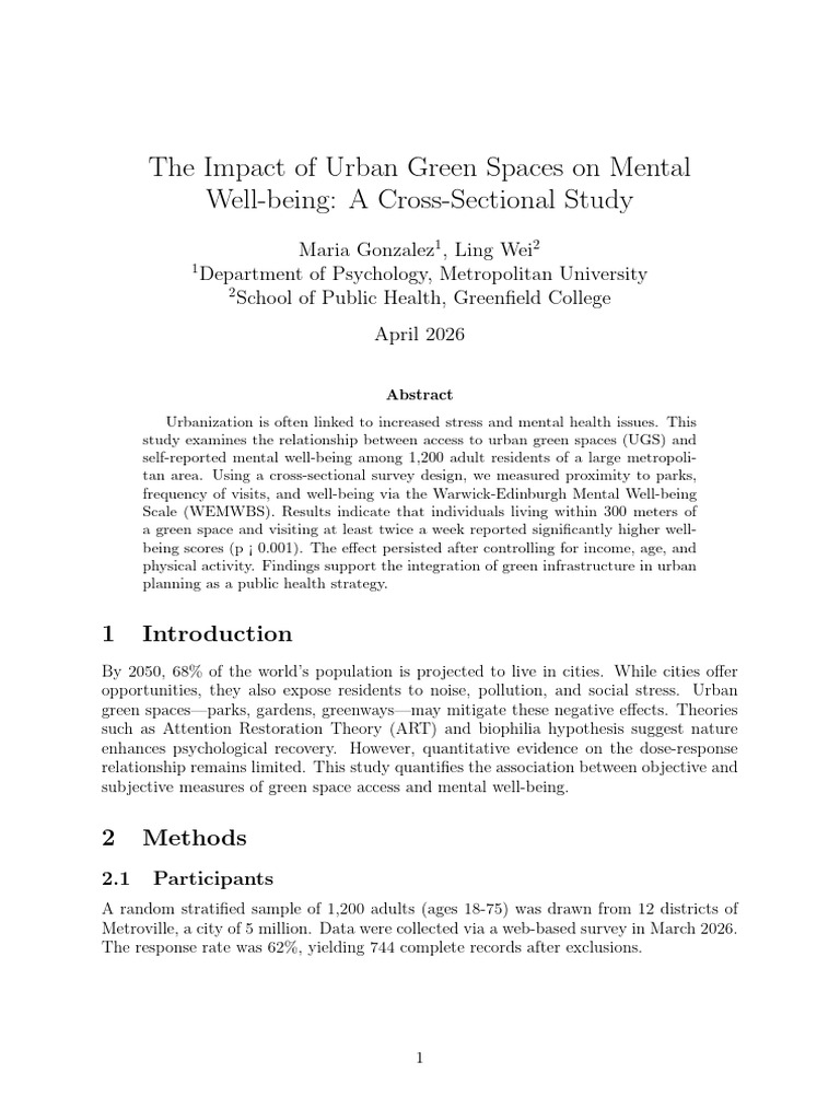 The Impact of Urban Green Spaces on Mental Well-being a Cross-Sectional ...