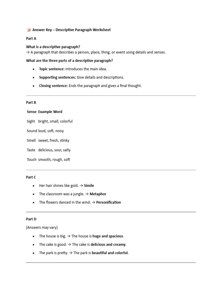 ? Answer Key- Descriptive Paragraph Worksheet | PDF