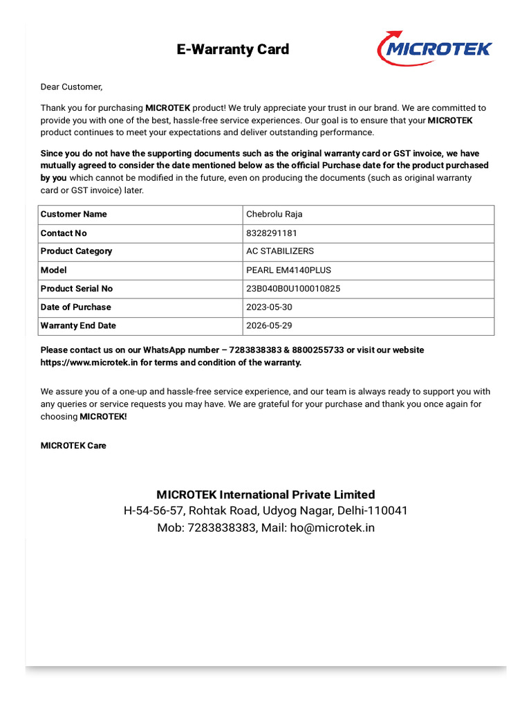 Microtek Stabilizer Warranty Till May 30th 2026 | PDF