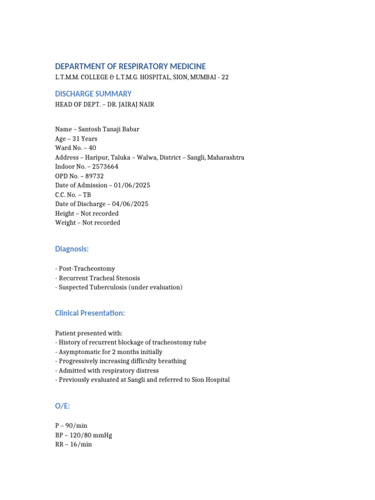 Final Discharge Summary With Investigation Table | PDF | Clinical ...