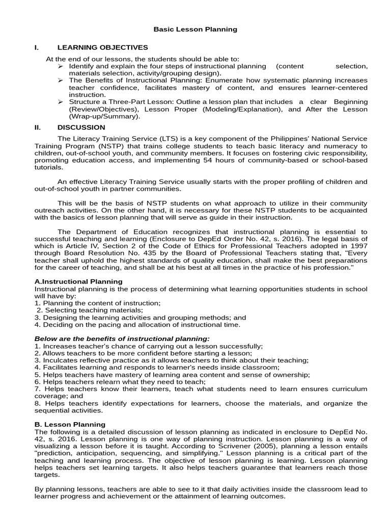 HANDOUT NSTP Basic Lesson Planning | PDF | Learning | Teachers