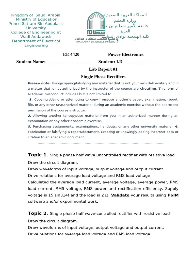 1 LaB-Simulation Single Phase Rectifiers | PDF | Rectifier | Root Mean ...