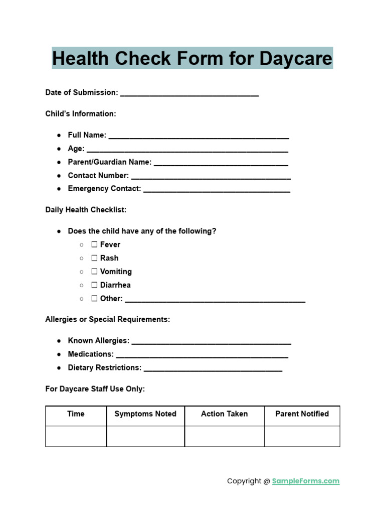 Health Check Form for Daycare | PDF