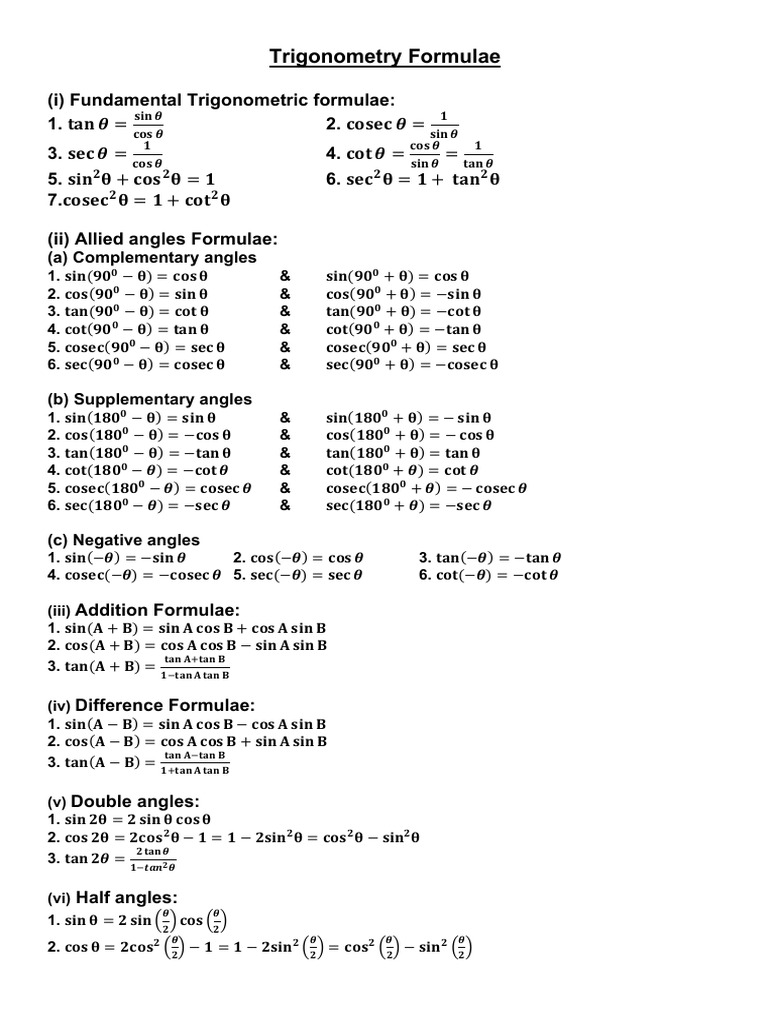 Trigonometry Formulae | PDF | Trigonometry | Elementary Mathematics