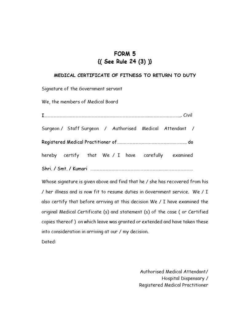 Form 5 Medical Certificate of Fitness to Return to Duty 20200803202757 ...