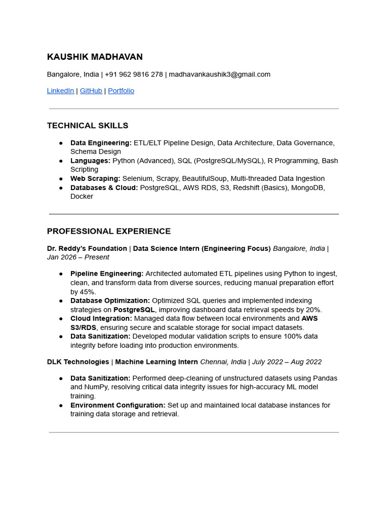 Kaushik Madhavan Data Engineer Resume | PDF | Postgre Sql | Databases