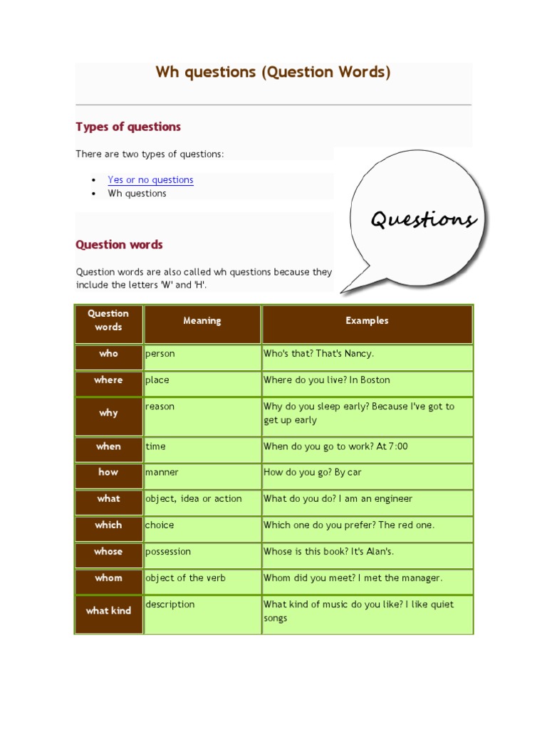 WH Questions PDF Question Verb