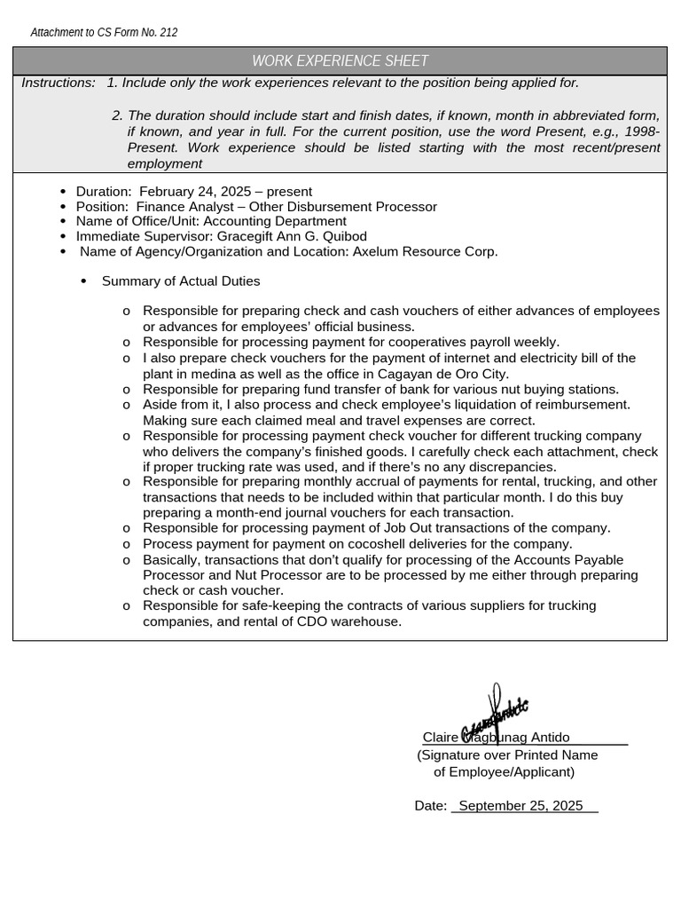 CS Form No. 212 Attachment - Work Experience Sheet (2) | PDF