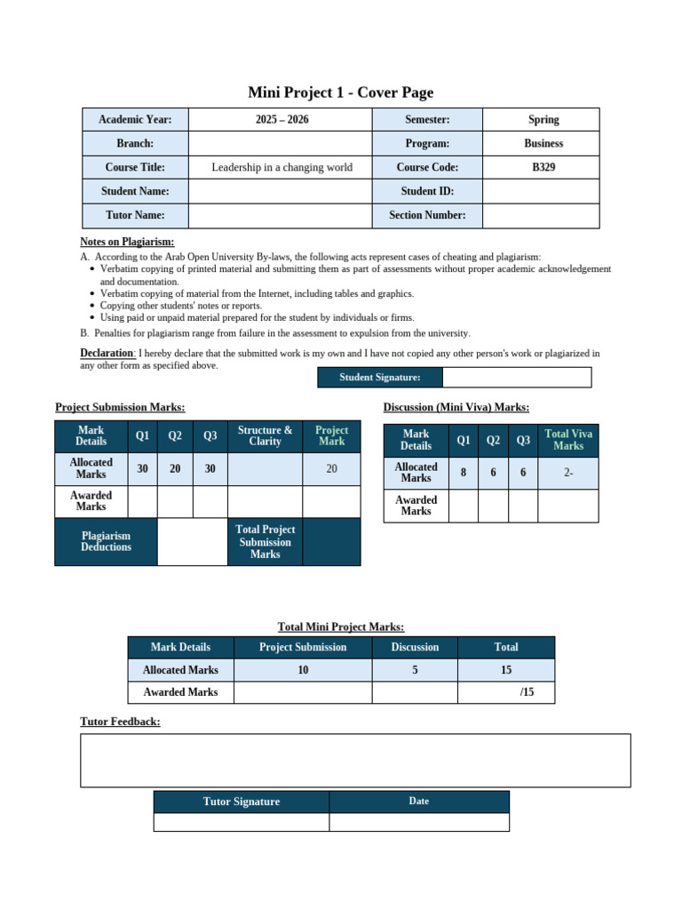 Mini Project Cover Page Template - B329 | PDF | Plagiarism