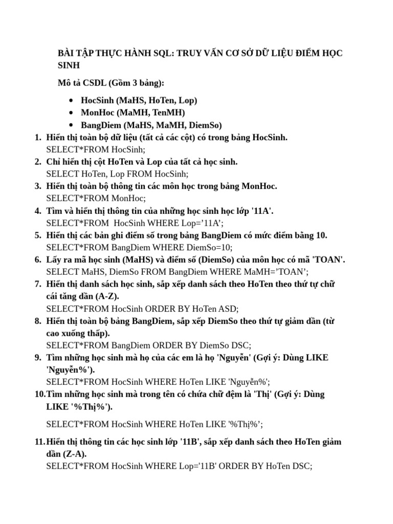 Bài Tập Thực Hành SQL (Autosaved) | PDF
