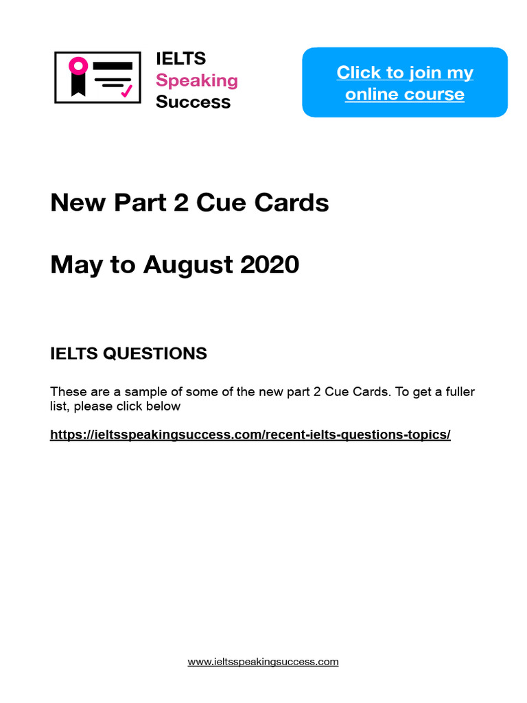 IELTS Speaking Lesson Notes New Part 2 Cue Cards MAY AUG 2020 | PDF