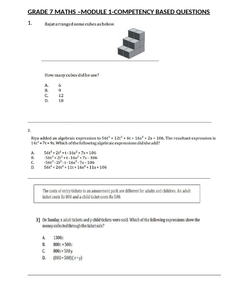 Grade 7 Maths Competency Based Questions | PDF