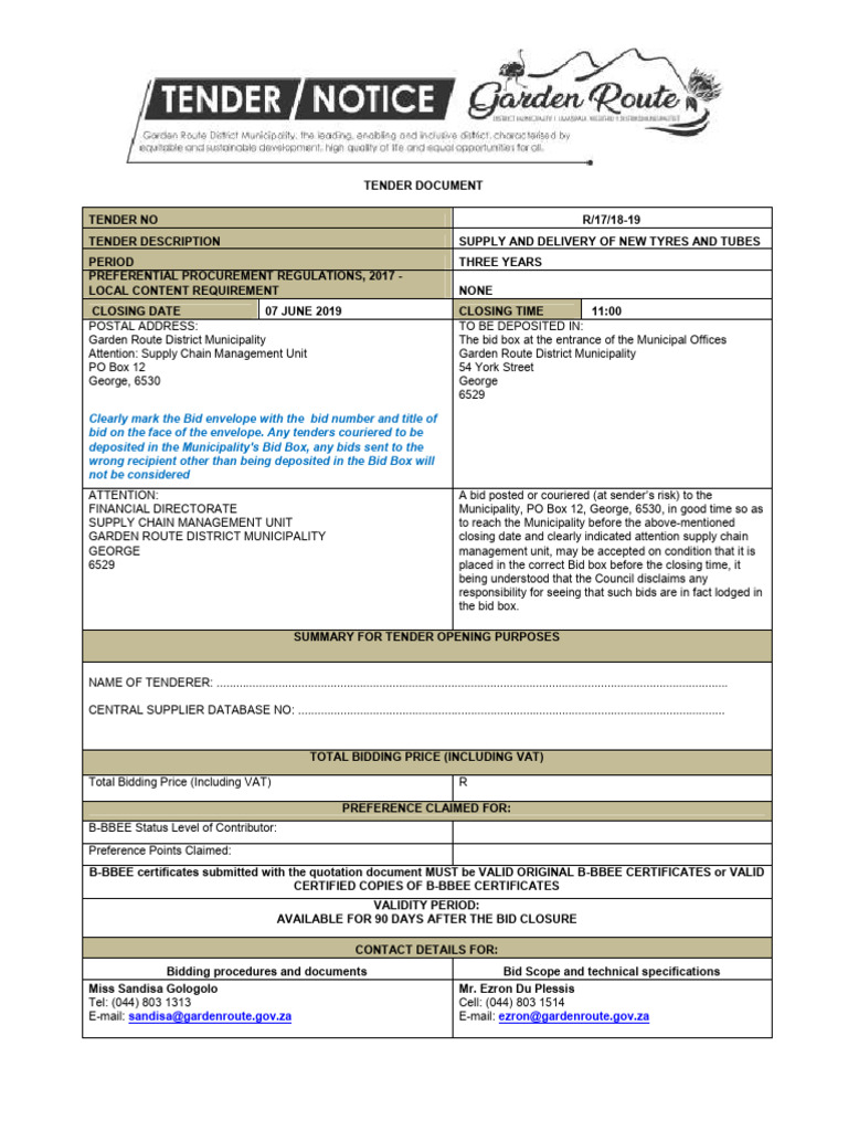 R1718 19 Supply and Delivery of New Tyres and Tubes TENDER DOCUMENT | PDF