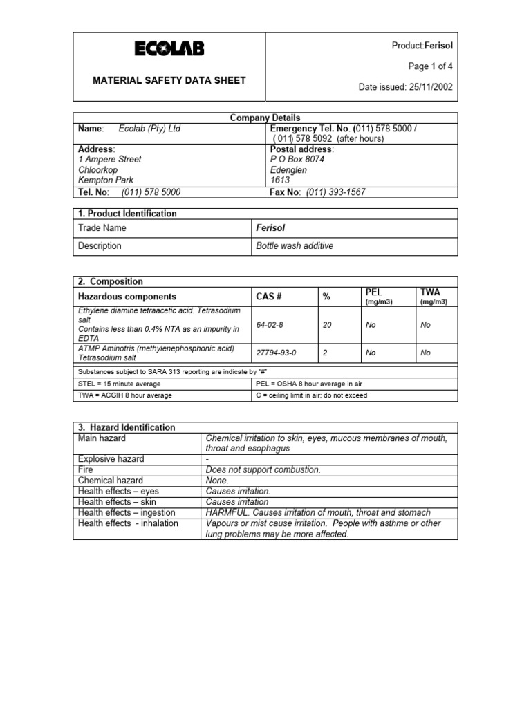 Ferisol, MSDS | PDF | Personal Protective Equipment ...