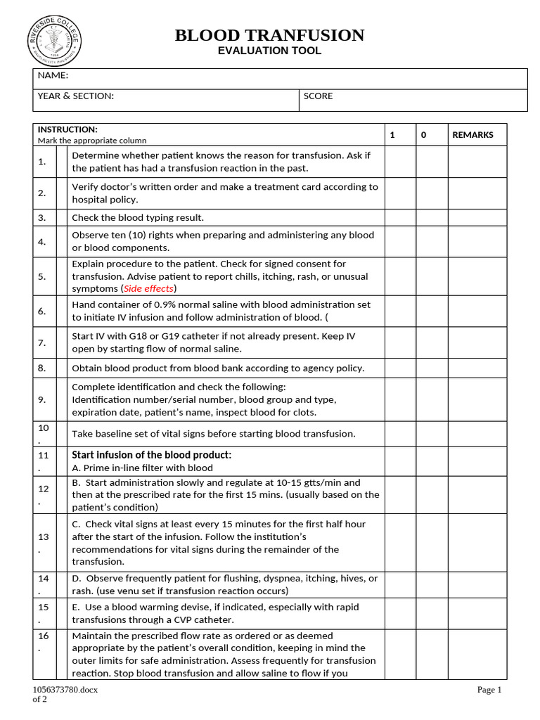 Blood Transfusion Evaluation Tool Copy | PDF | Blood Transfusion ...