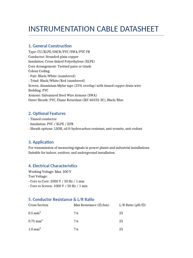 Instrumentation Cable Datasheet | PDF