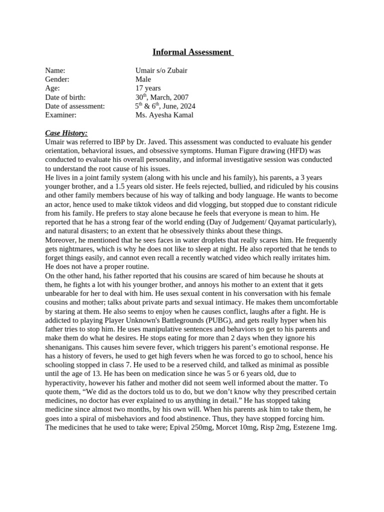 Umair Informal Assessment | PDF | Psychotherapy | Anxiety