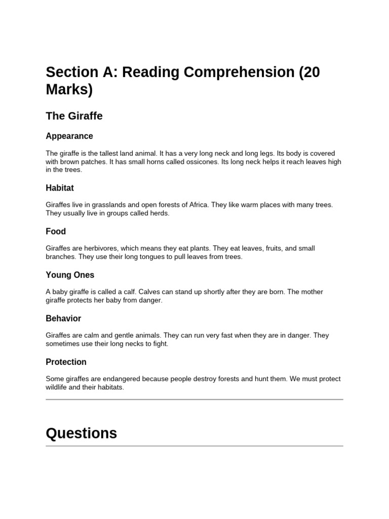 Section a- Reading Comprehension (20 Marks) | PDF | Giraffe | Verb