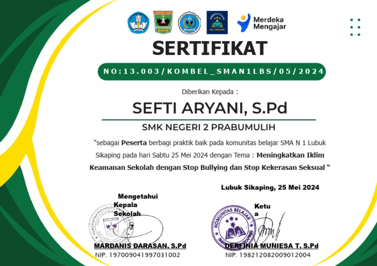 Sertifikat Kombel SMAN 1 Lubuk Sikaping SEFTI ARYANI, S.pd | PDF