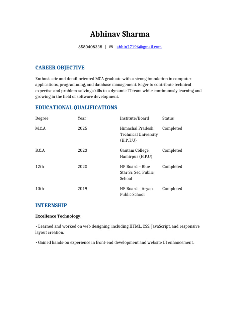 Abhinav Sharma Resume Formatted | PDF