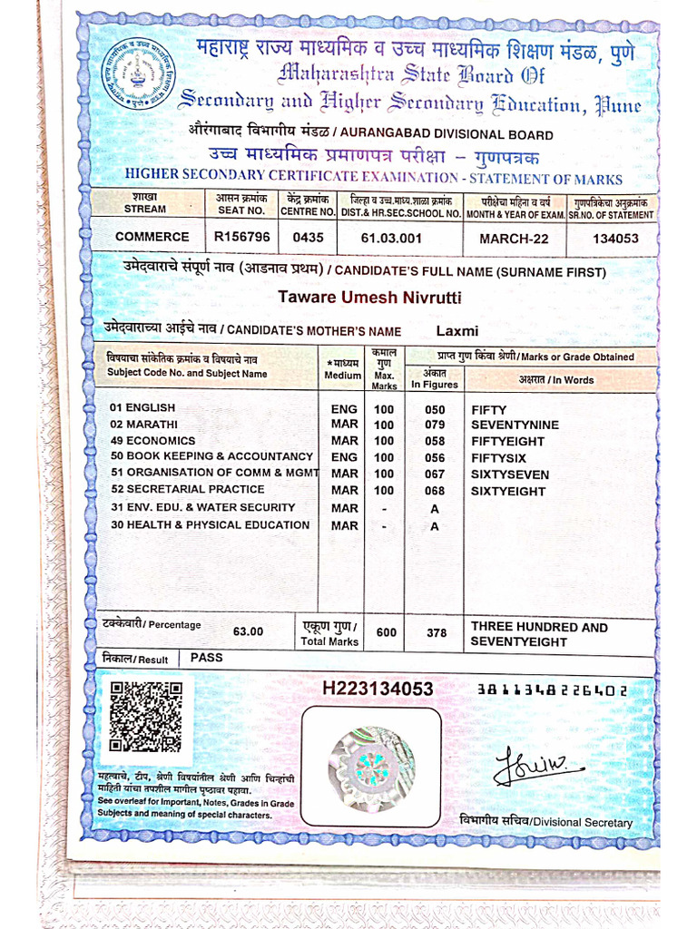 12th Mark Sheet | PDF