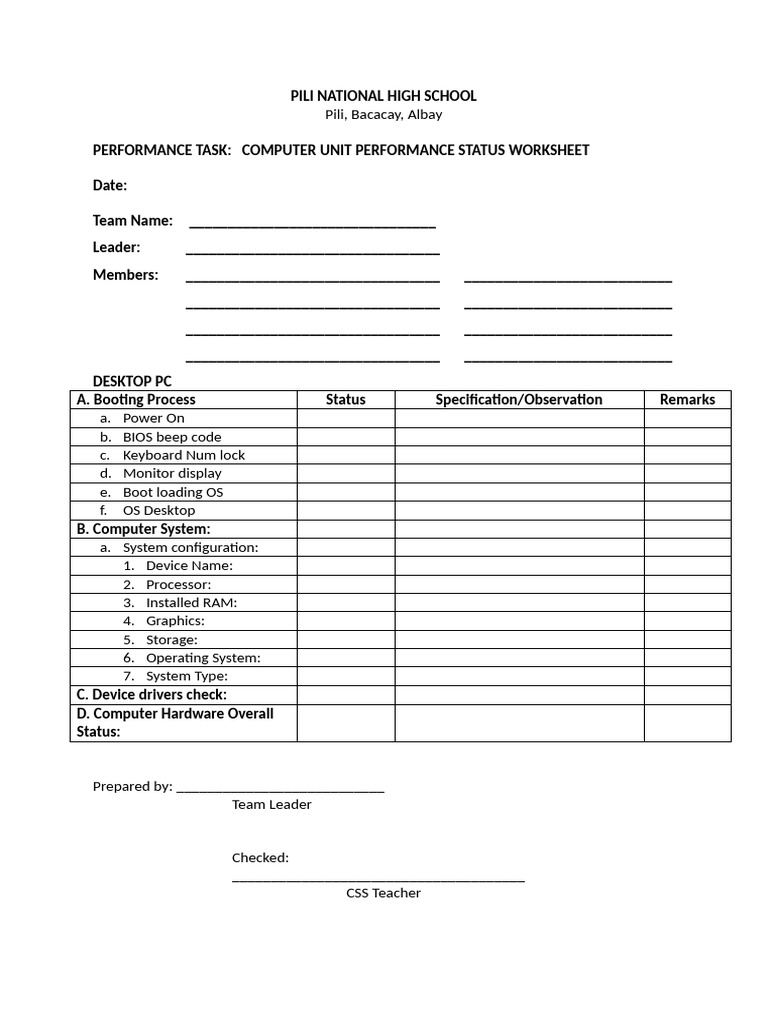 Computer Perfornance Status Form | PDF