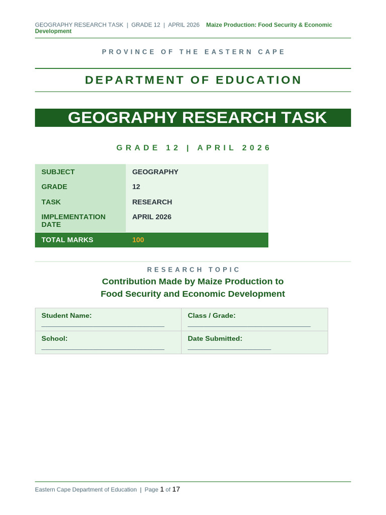 Geography Research Task Grade12 | PDF | Agriculture | Maize