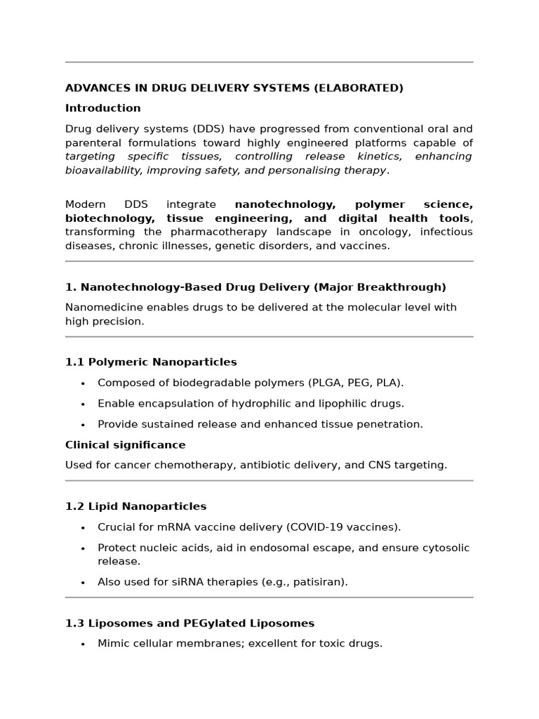 Advances in Drug Delivery System | PDF | Liposome | Nanomedicine