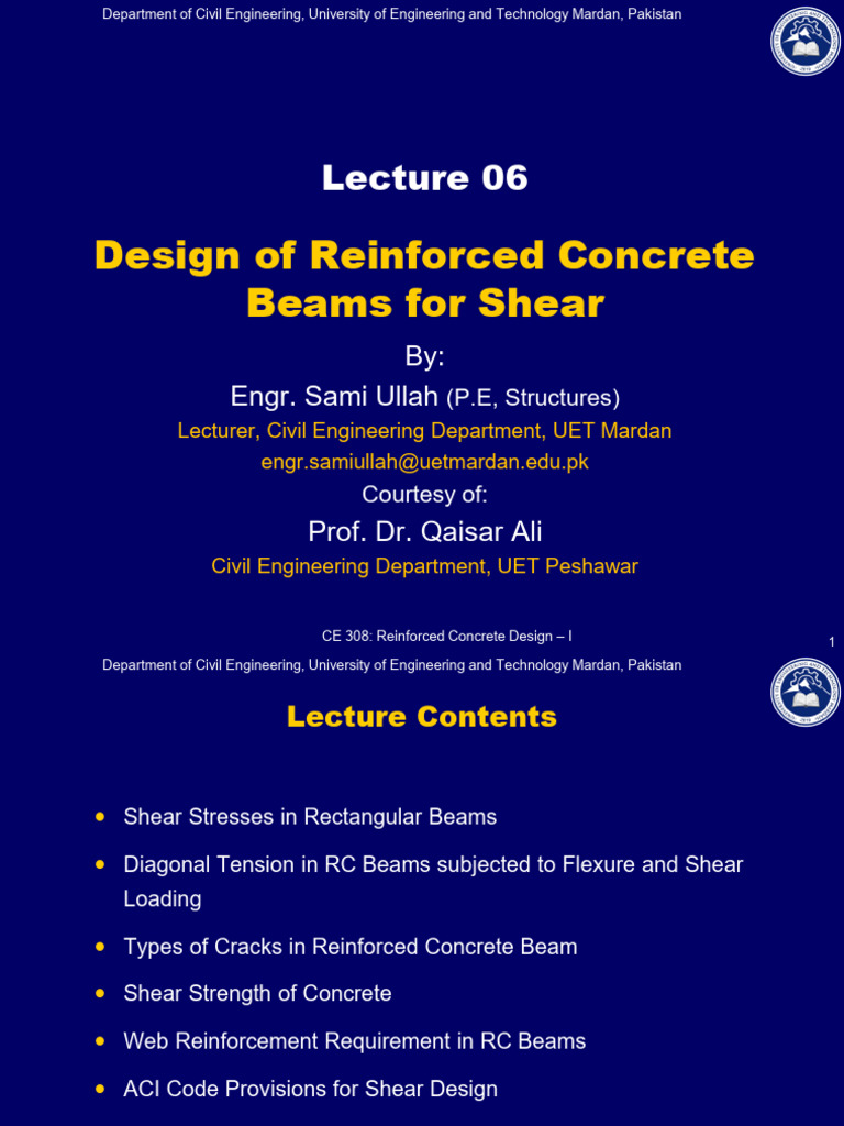 Lecture 06 -Design of RC Beam for Shear | PDF | Bending | Beam (Structure)