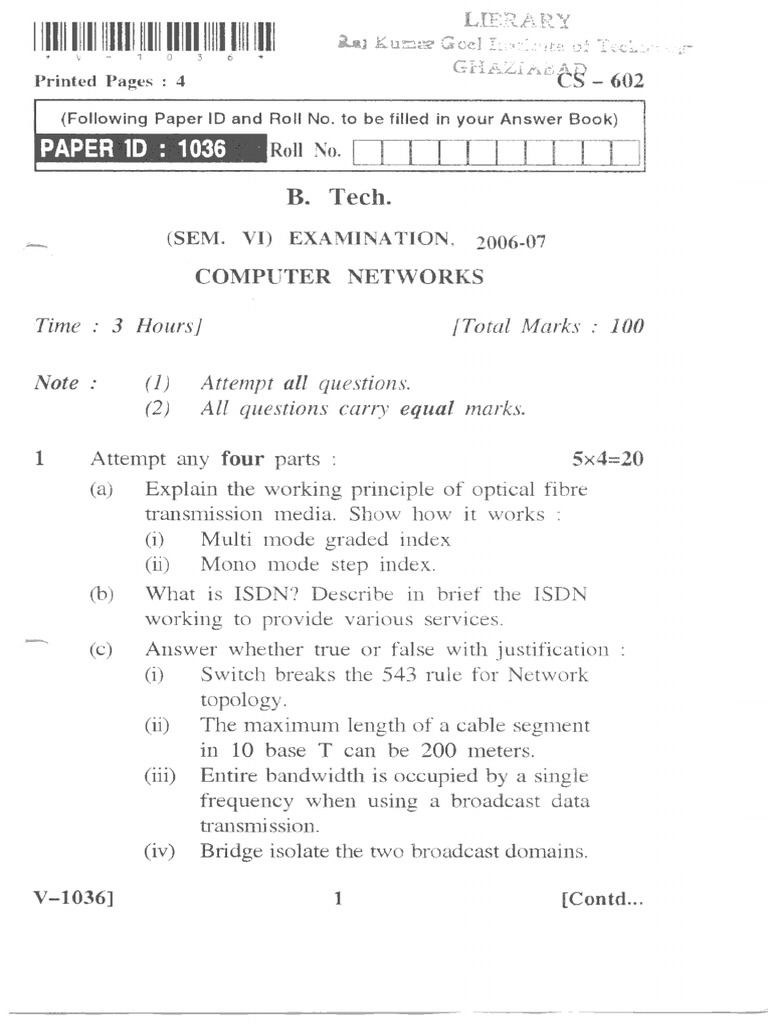 Btech Cs 6 Sem Computer Network Cs 602 2007 | PDF