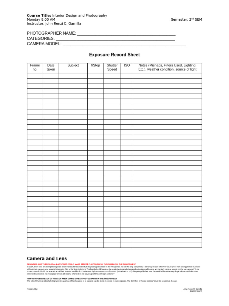 ERSheet Photography 2026 | PDF | Camera | Exposure (Photography)