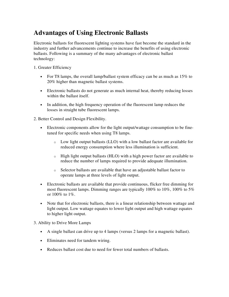 Benefits of Electronic Ballasts PDF Fluorescent Lamp Lighting