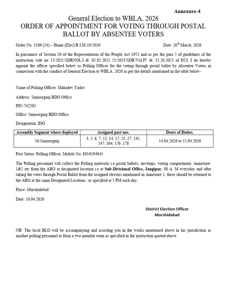 Appoinment Letter | PDF | Absentee Ballot | Ballot