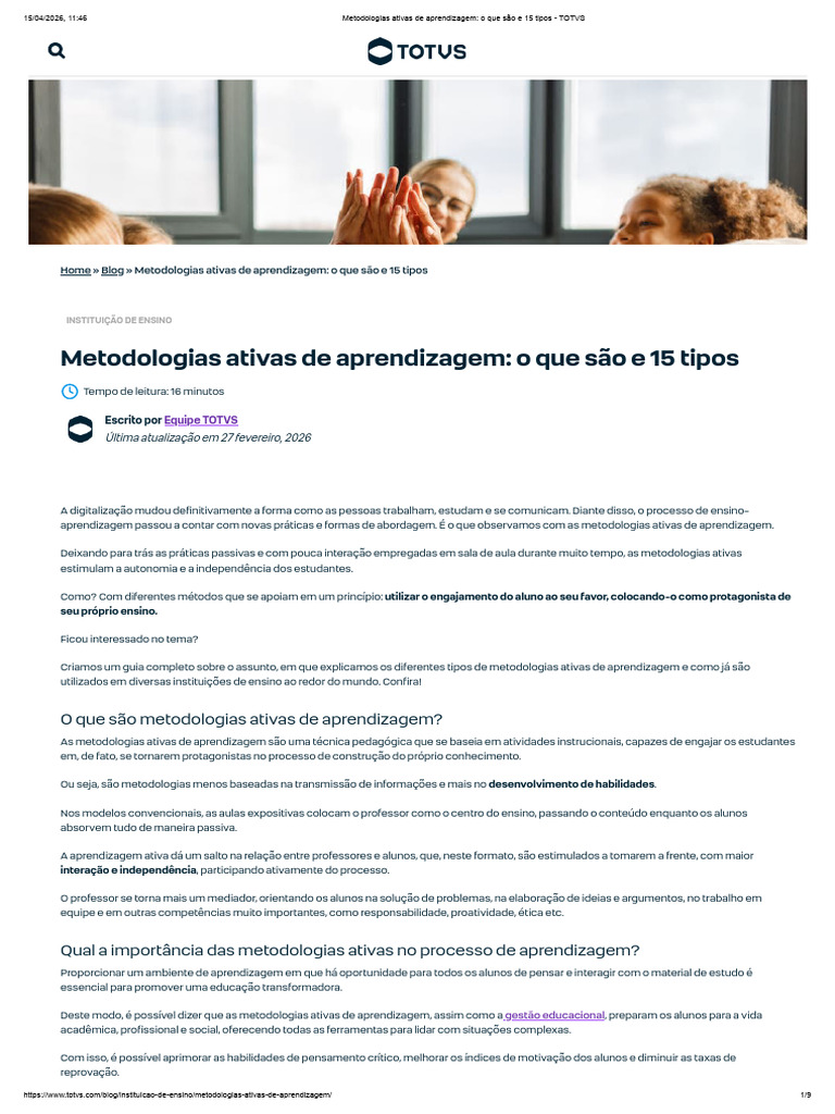 Metodologias Ativas de Aprendizagem o Que So e 15 Tipos - ToTVS | PDF ...