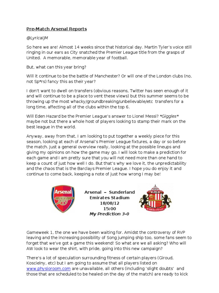 Arsenal vs Sunderland Match Preview | PDF | Premier League | Arsenal F.C.