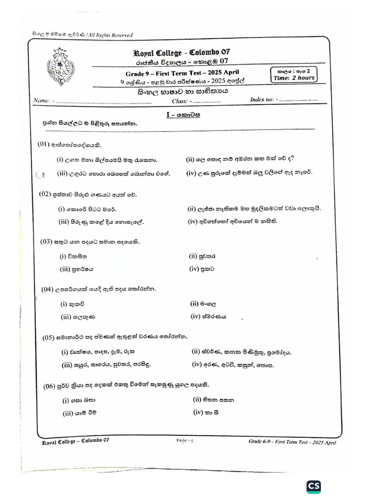 Sinhala First Term Test Paper 2025 | PDF