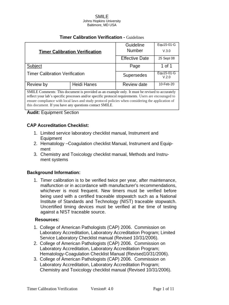 Equ15-01 Timer Cal Verfn SOP | PDF | Calibration | Verification And ...