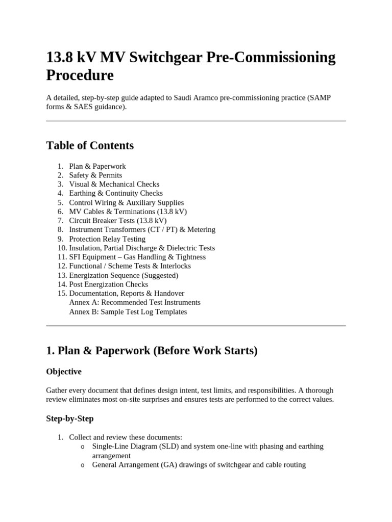 13.8 KV MV Switchgear Pre-Commissioning Procedure | PDF | Insulator ...