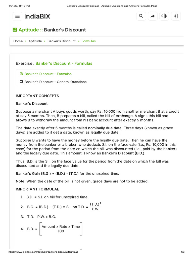 Banker's Discount Formulas - Aptitude Questions and Answers Formulas ...