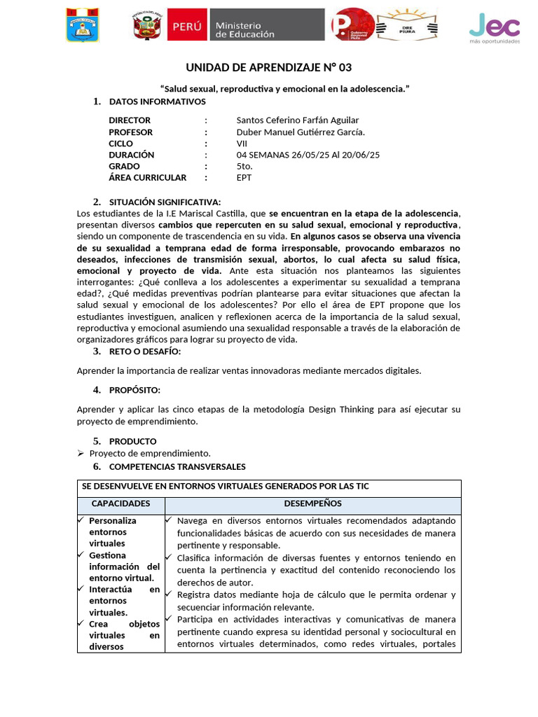 UNIDAD DE APRENDIZAJE N-3 Duber EPT | PDF | Aprendizaje | Iniciativa ...