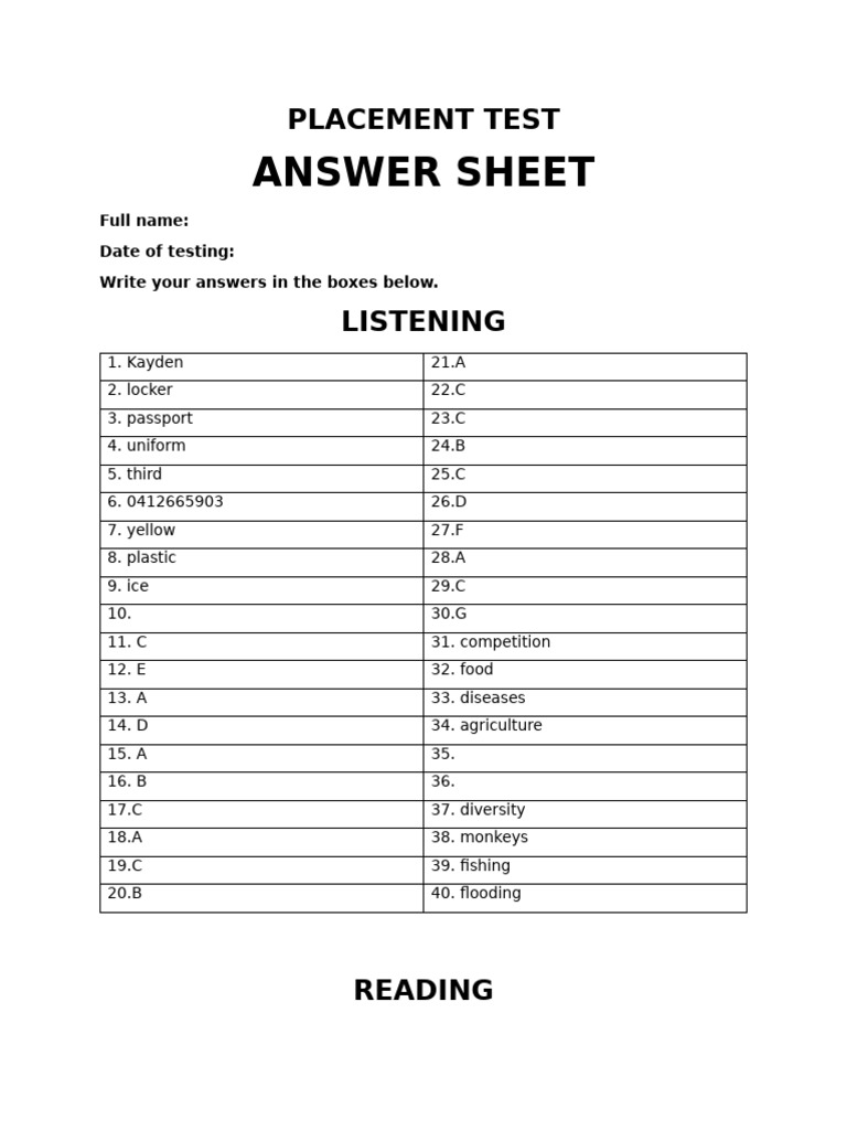 Placement Test Answer Sheet | PDF | Chess Openings | Chess