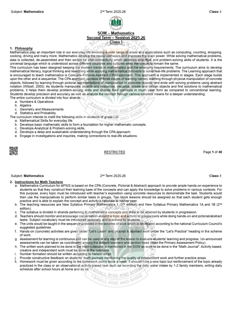 Class I SOW Math 2nd Term 2025-26 Warm RGN | PDF | Mathematics | Curriculum