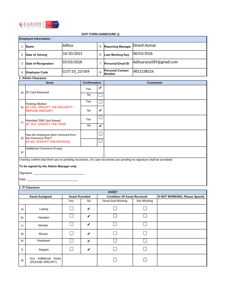 Exit_Form - Annexure 1 | PDF