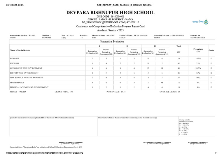 Cce Report Card Class Ix b Medium Bengali 32 | PDF | Schools ...