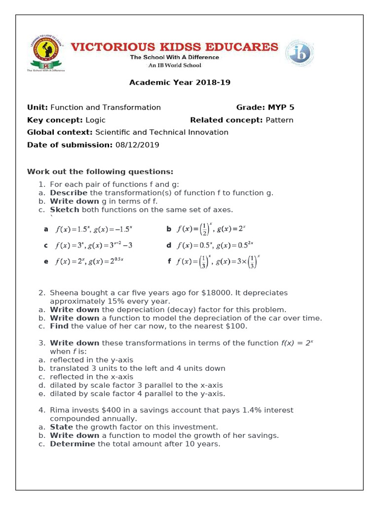 Exponential Functions and Transformations Worksheet-2 | PDF